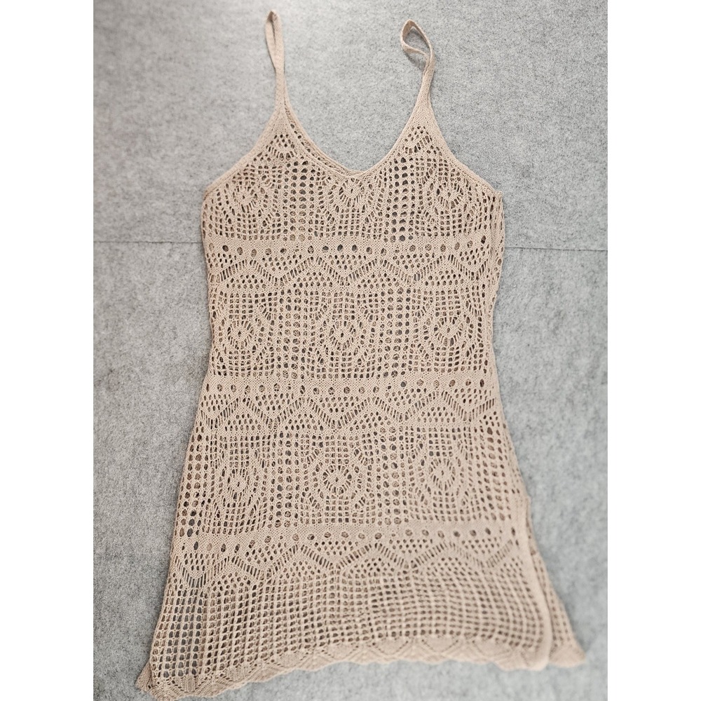 Beige Crochet Knit Sheer Beach Cover Up Mini Dress Boho Festival Size Small